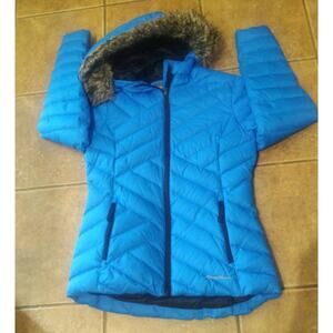 Eddie Bauer Womens Quilted Blue Goose Down Puffer Coat Faux Fur Hood Small EUC